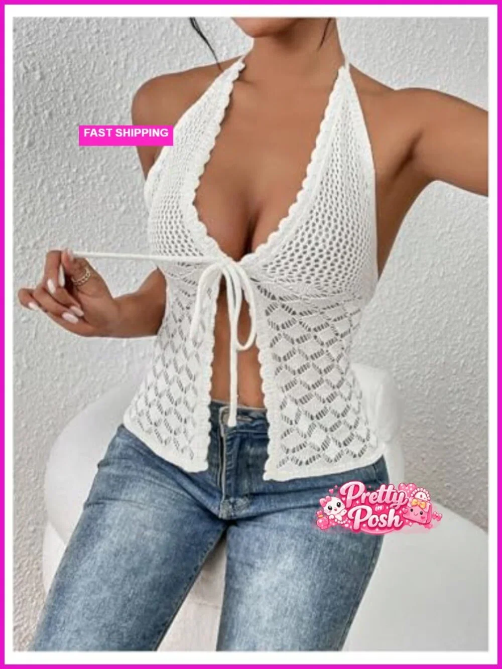 Crochet Tie Front Halter Neck Crop Camisole Swimsuit Cover Up